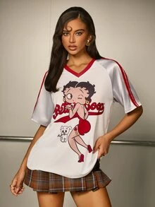 Betty Boop x SHEIN Women's Cartoon Print Contrast Color V-Neck T-Shirt - White - View 6