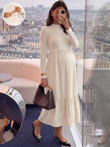 SHEIN Nursing Long Sleeve Minimalist Pleated Dress - Apricot - View 7