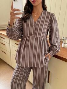 Dazy Maternity 時尚條紋鬆身長袖上衣與休閒長褲 2 件套日常穿著孕婦裝 - 棕色 - 查看 6