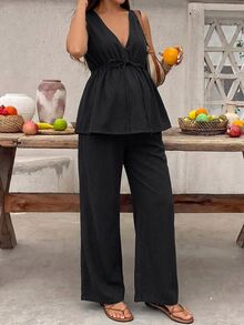 SHEIN Maternity Waist Tie Sleeveless Top And Long Pants Casual Denim 2 Pieces Set - Black - View 6