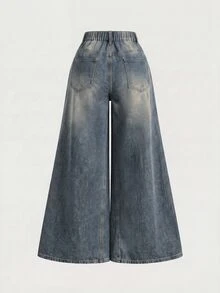 SHEIN MOD 大尺碼女款不對稱腰寬腿寬鬆休閒牛仔褲 - 藍色 - 查看 2