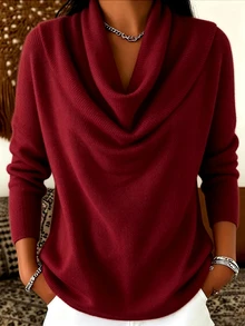 Trelyra Women's Solid Color Cowl Neck Long Sleeve Casual Top - Red - View 1