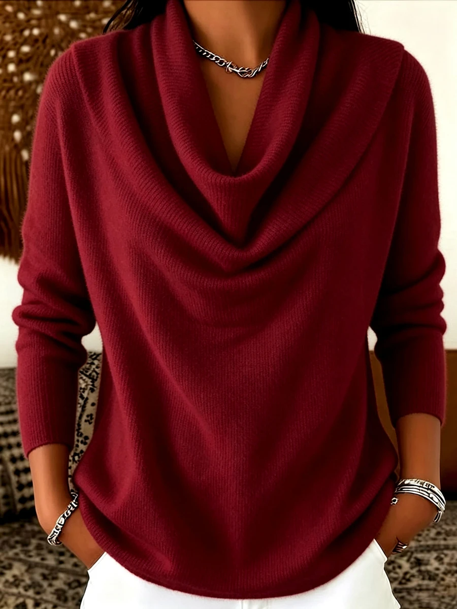Trelyra Women's Solid Color Cowl Neck Long Sleeve Casual Top - Red - View 1