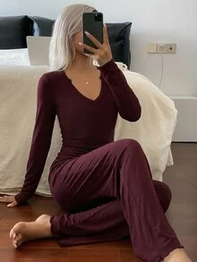 Dazy Kids Teen Girl Solid Color Notch V-Neck Long Sleeve Top And Pants Loungewear - Purple - View 3