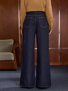 Anewsta Women's Casual Versatile Deep Blue Straight Leg Denim Jeans With Pockets - Blue - View 2