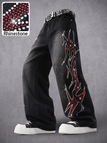 Manfinity Denimwave 男士時尚嘻哈街頭夜店哥德風現代水鑽設計黑色水洗牛仔寬腿褲 - 黑色 - 查看 1