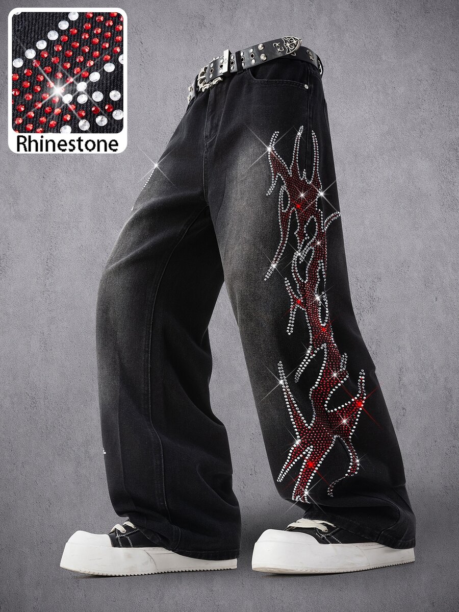 Manfinity Denimwave 男士時尚嘻哈街頭夜店哥德風現代水鑽設計黑色水洗牛仔寬腿褲 - 黑色 - 查看 1