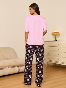 Betty Boop x SHEIN Women's Cartoon Print Short Sleeve Top And Long Pants Casual Daily Home Pajama Set - Pink - View 2
