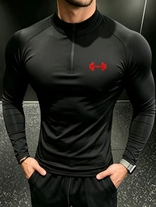 RISE LYT Men's Half-Zip Barbell Graphic Print Sports T-Shirt - Black - View 3