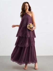 Willow Rêve Gaun Maxi Tencel Wanita dengan Tali Leher dan Hiasan Renda Bertingkat, Gaun Liburan Elegan - Purple - View 9