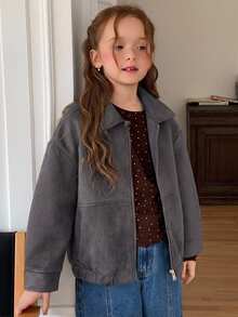 DAZY 休閒寬鬆翻領外套 秋季加厚 青少年女孩 棕色麂皮翻領夾克 - 灰色 - 查看 5