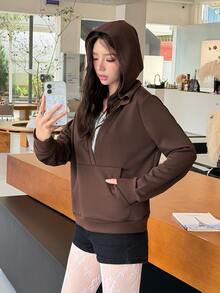 K-Vae Women's Deep Brown V-Neck Hooded Sweatshirt, Loose Fit Pullover With Pockets, Casual Top - Multicolor - View 6
