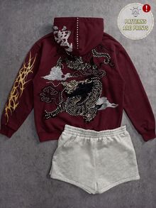 Attitoon Casual Pattern All-Over Print Burgundy Women's Sweatshirt Suitable For Autumn/Winter - Multicolor - View 4