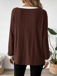SHEIN LUNE 2024秋冬女款新款美拉德色系圓領運動衫上衣 - 棕色 - 查看 2