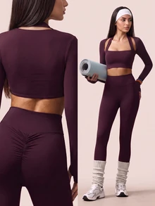 SHEIN BAE Women's Elastic Waist Slim Fit Sports Set - Violet Purple - View 3