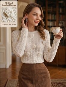 Suri Mira Women's Long Sleeve Hollow Crochet Floral Sweater - Beige - View 1