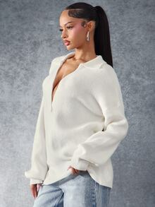 Denimoi Women's Autumn/Winter Solid Color Lazy Deep V-Neck Slimming Loose Long Chunky Knit Relaxed Sweater Top - Apricot - View 4