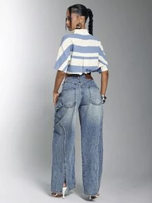 Denimoi Zipper Back Detail Straight Leg Jeans Fashion Everyday Wear Cool Jeans Fashionable Streetwear - Light Wash - View 5