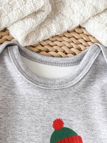 SHEIN 2件組新生兒男嬰連身衣+長褲套裝，可愛灰色紅狗圖案聖誕帽長袖圓領休閒舒適秋季聖誕節慢跑運動毛衣 - 彩色 - 查看 4