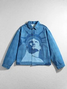 ROMWE MEN Street Life Men's Character Print Button Long Sleeve Denim Jacket - Blue - View 3