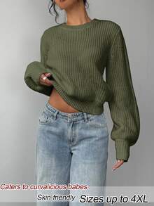 SHEIN BASICS 大尺碼女款純色圓領長袖休閒針織衫 - 軍綠色 - 查看 3
