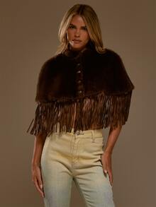 MUSERA Faux Fur Fluffy PU Fringed Detail Button Through Poncho Top Autumn Winter Fall Western Cowgirl Cute - Mocha Brown - View 1