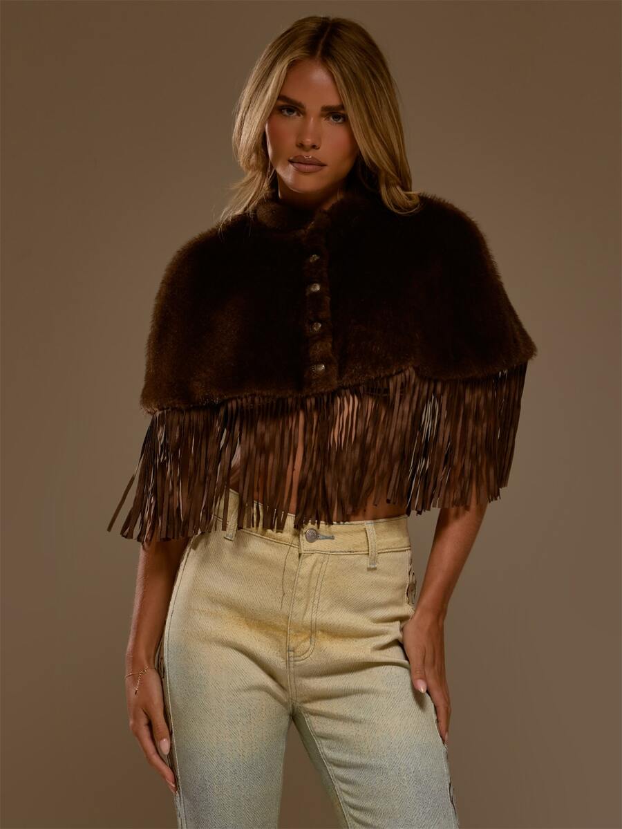 MUSERA Faux Fur Fluffy PU Fringed Detail Button Through Poncho Top Autumn Winter Fall Western Cowgirl Cute - Mocha Brown - View 1