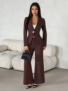 SHEIN PETITE طقم جاكيت بأكمام طويلة وأزرار معدنية وبنطال فضفاض للنساء - بني - مشاهدة 7