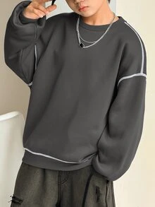 SHEIN Little Byeori 青少年男孩休閒韓系寬鬆百搭對比縫線深灰色圓領運動衫，適合通勤、上學、日常休閒外出與運動，秋冬款 - 深灰色 - 查看 4