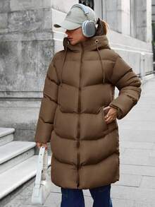 SHEIN Petite Size Solid Brown Color Zip Up Long Padded Coat With Hoodie Winter Coat To Keeping Warm - Brown - View 7