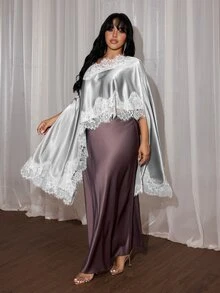 Rustia Plus Size Solid Color Elegant Minimalist One-Shoulder Sexy Asymmetrical Hem Lace Patchwork Loose Blouse For Women - Light Grey - View 5