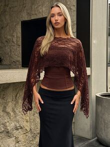 Aloruh Women's Round Neck Long Sleeve Transparent Blouse - Brown - View 4