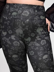 ROMWE Quần legging ôm dáng size lớn in toàn thân họa tiết đầu lâu xanh Gothic và cây cối - màu đen - Xem 2