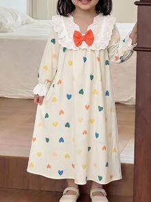 SHEIN 少女碎花睡裙，3D蝴蝶結裝飾可愛蕾絲洋裝 - 淺粉色 - 查看 6