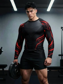 GymBeat 男士肌肉修身版未來感幾何圖案印花壓縮長袖T恤，運動健身訓練上衣，戶外跑步訓練運動衫 - 黑色 - 查看 3