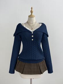 Elamini 女款白色休閒百搭通勤日常穿著經典麻花編織半鈕扣套頭毛衣，秋冬款 - 藏蓝色 - 查看 5