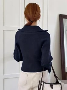 DAZY 純色拉鍊翻領商務休閒風女款開襟衫 - 霧霾藍 - 查看 2