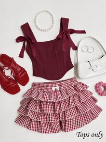 SHEIN MOD Plus Size Red Bow Front Tie Corset Tank Top - Burgundy - View 3