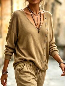LUMIGAL Sweater Rajut Kancing Lengan Panjang Leher V Wanita - Khaki - View 4
