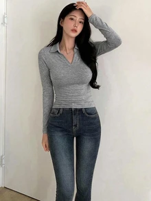 DAZY 女款修身 Polo 領長袖休閒 T 恤 - 灰色 - 查看 2