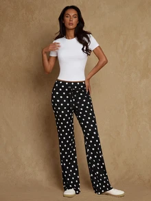 Glamine Women's Autumn Low Waist Elastic Drawstring Tie Waist Draped Ribbed Polka Dot Print Casual Sports Flare Pants - Black - View 4