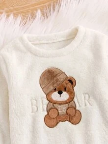 SHEIN 兒童小男孩冬季卡通刺繡可愛熊圖案圓領落肩長袖上衣與長褲 2件組 柔軟舒適雙層睡衣套裝 - 彩色 - 查看 7