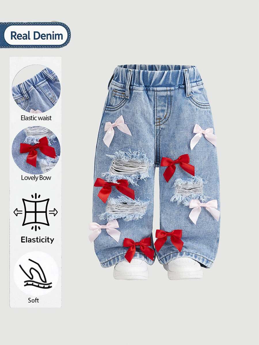 Baby Girl Fall/Winter Y2k Chic Cute Pink & Red Bow Decor Ripped Washed Blue Denim Baggy Jeans, For Daily & Streetwear - Blue - View 1