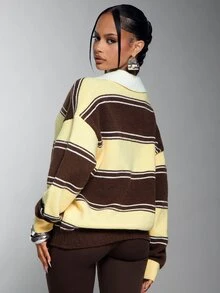 Denimoi Sweater Rajut Kerah Polo Bergaris Blok Warna untuk Wanita, Pullover Wol Lembut Kasual Longgar - MultiWarna - View 3