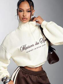 Denimoi Embroidered Verbiage Sweatshirt Fashion High Neck Quarter Zip Sweatshirts Casual Lounge - Apricot - View 1