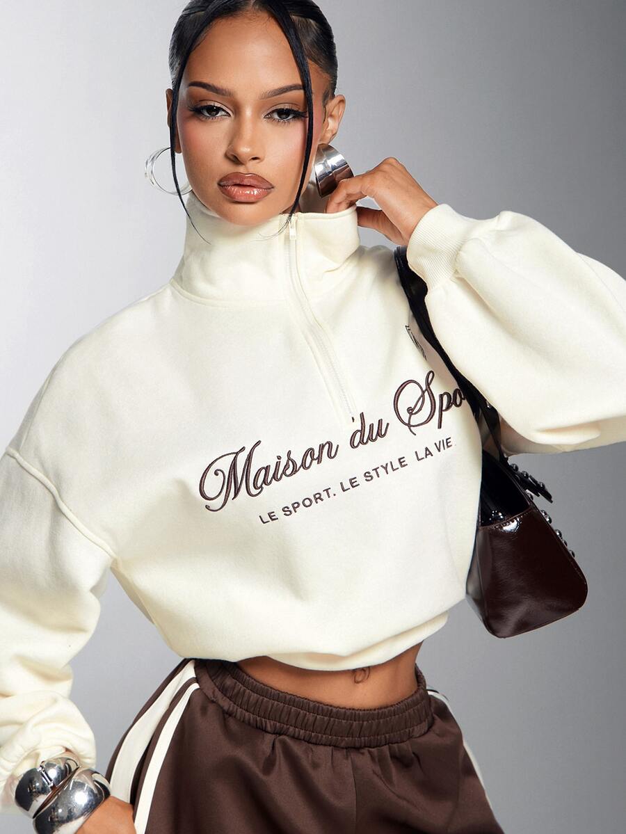 Denimoi Embroidered Verbiage Sweatshirt Fashion High Neck Quarter Zip Sweatshirts Casual Lounge - Apricot - View 1