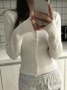 DAZY Women's Solid Color Long Sleeve Single-Breasted Fitted Knit Cardigan - White - View 6