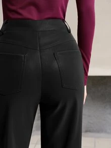 MOTF PREMIUM Celana Panjang Wanita Model Lurus dengan Dekorasi Logam dan Bahan PU, Musim Gugur/Musim Dingin - Hitam - View 8