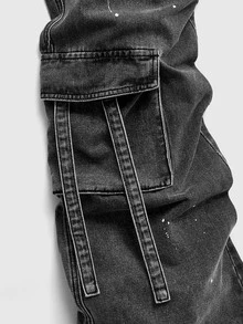 ROMWE MEN Street Life Men's Vintage Distressed Washed Flared Jeans, American High Street Multi-Layer 3D Pocket With Ribbon Design, Hip-Hop Street Style, Casual Everyday Wear, Versatile Matching With Various Tops And Shoes - Grey - View 4