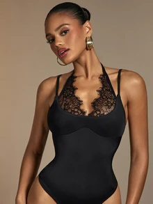 Hauture Fashionable Sexy Lace Patchwork Bodysuit Sexy - Black - View 2